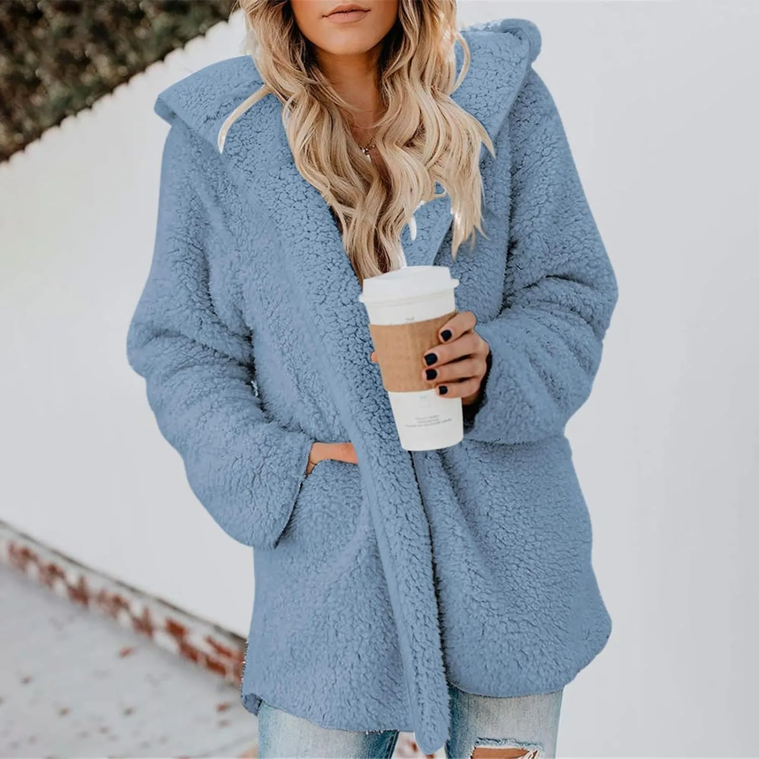 Sherpa Jacket Women Oversized Fleece Lined Jacket Faux Fur Winter Coat Zip up Fuzzy Hoodie Warm Outerwear with Pocket