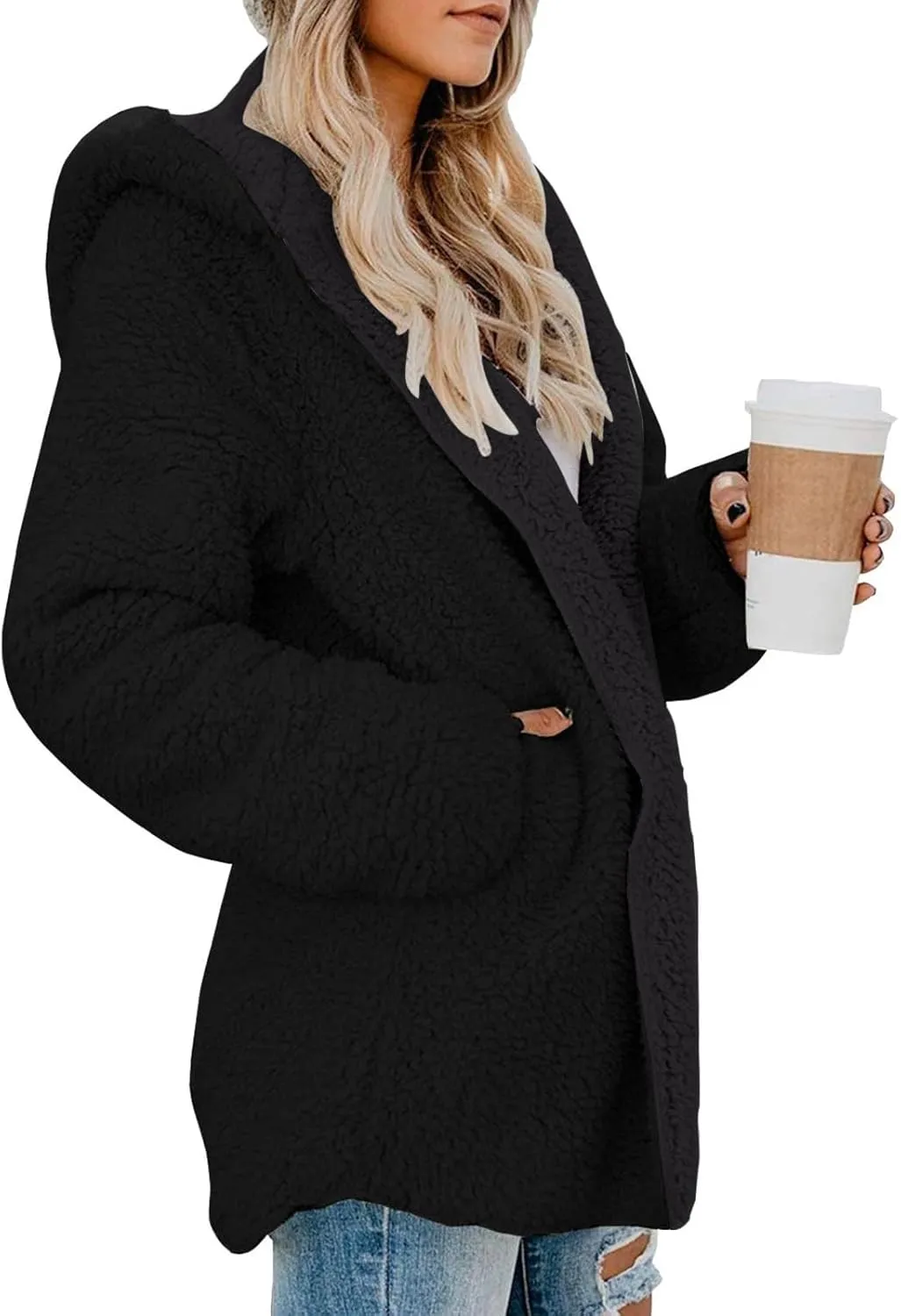 Sherpa Jacket Women Oversized Fleece Lined Jacket Faux Fur Winter Coat Zip up Fuzzy Hoodie Warm Outerwear with Pocket