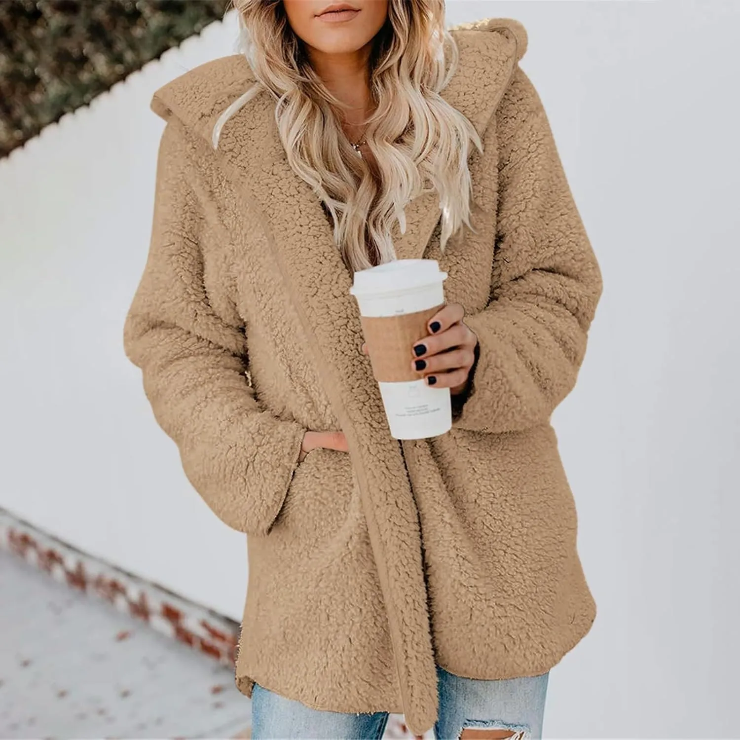 Sherpa Jacket Women Oversized Fleece Lined Jacket Faux Fur Winter Coat Zip up Fuzzy Hoodie Warm Outerwear with Pocket