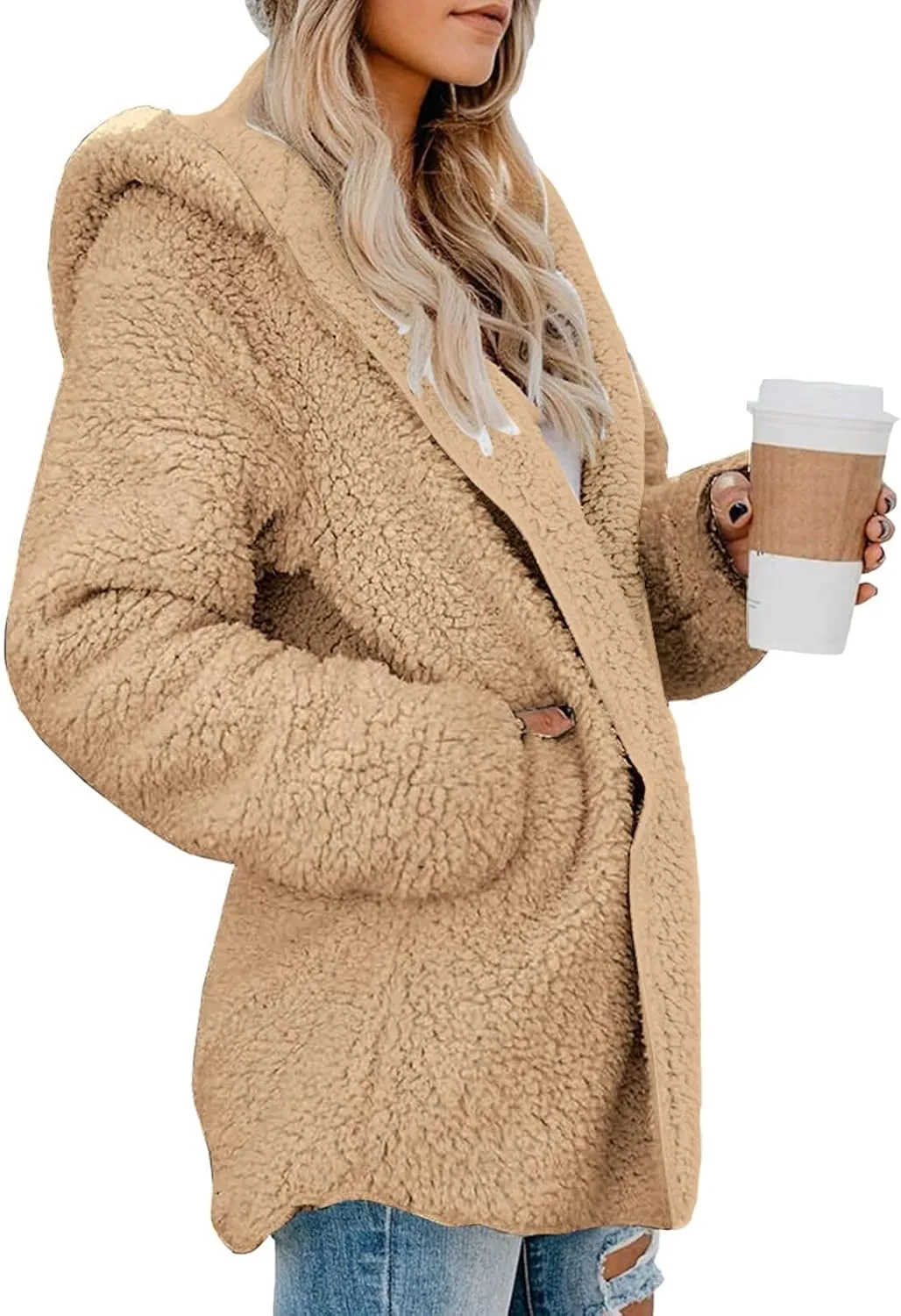 Sherpa Jacket Women Oversized Fleece Lined Jacket Faux Fur Winter Coat Zip up Fuzzy Hoodie Warm Outerwear with Pocket