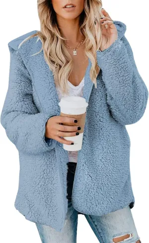 Sherpa Jacket Women Oversized Fleece Lined Jacket Faux Fur Winter Coat Zip up Fuzzy Hoodie Warm Outerwear with Pocket