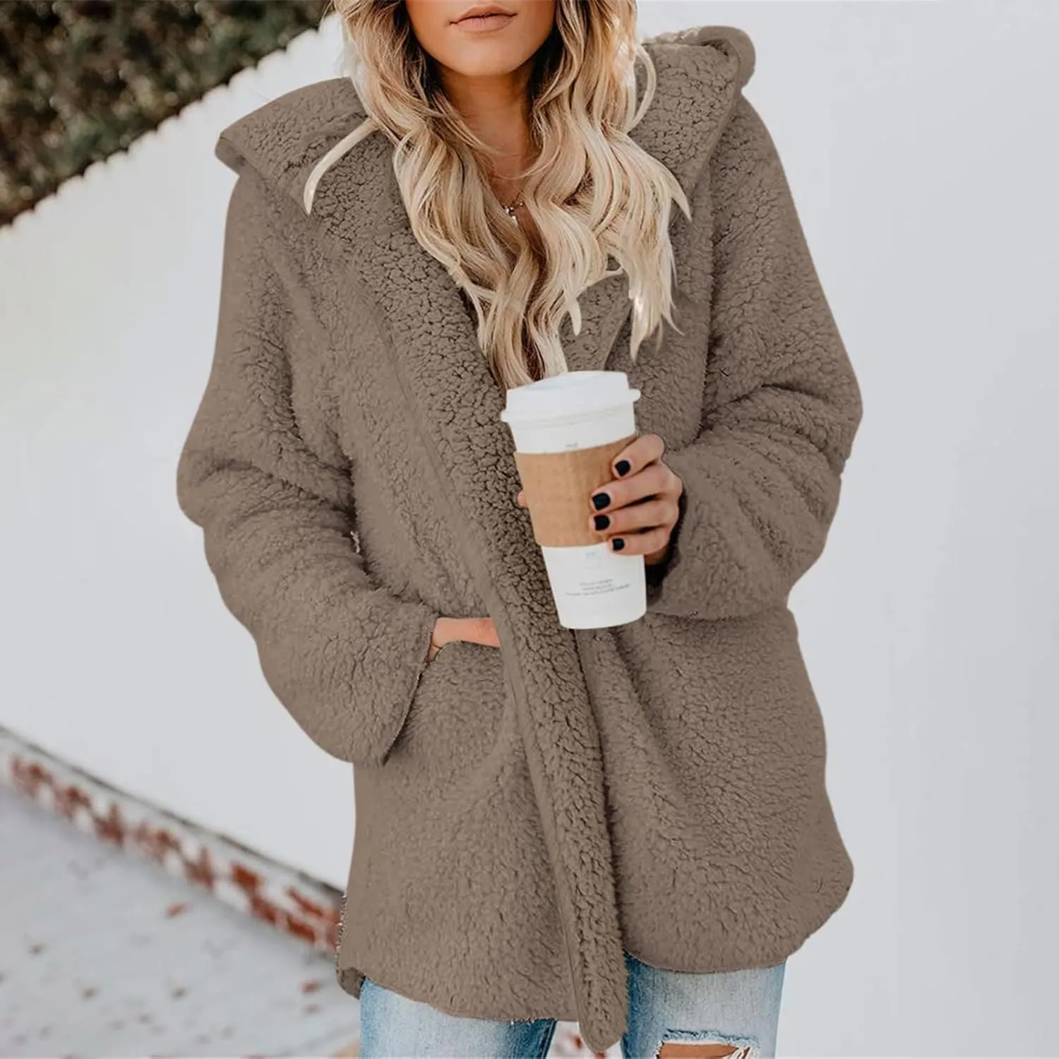 Sherpa Jacket Women Oversized Fleece Lined Jacket Faux Fur Winter Coat Zip up Fuzzy Hoodie Warm Outerwear with Pocket