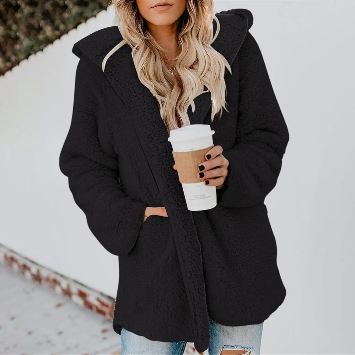 Sherpa Jacket Women Oversized Fleece Lined Jacket Faux Fur Winter Coat Zip up Fuzzy Hoodie Warm Outerwear with Pocket