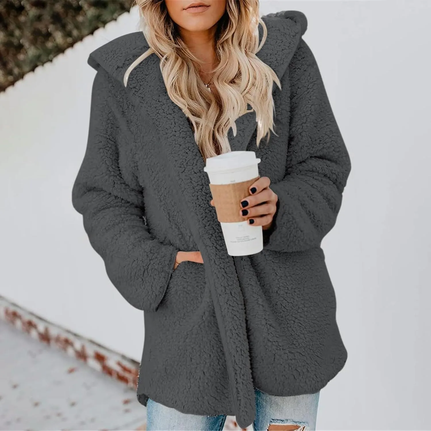Sherpa Jacket Women Oversized Fleece Lined Jacket Faux Fur Winter Coat Zip up Fuzzy Hoodie Warm Outerwear with Pocket