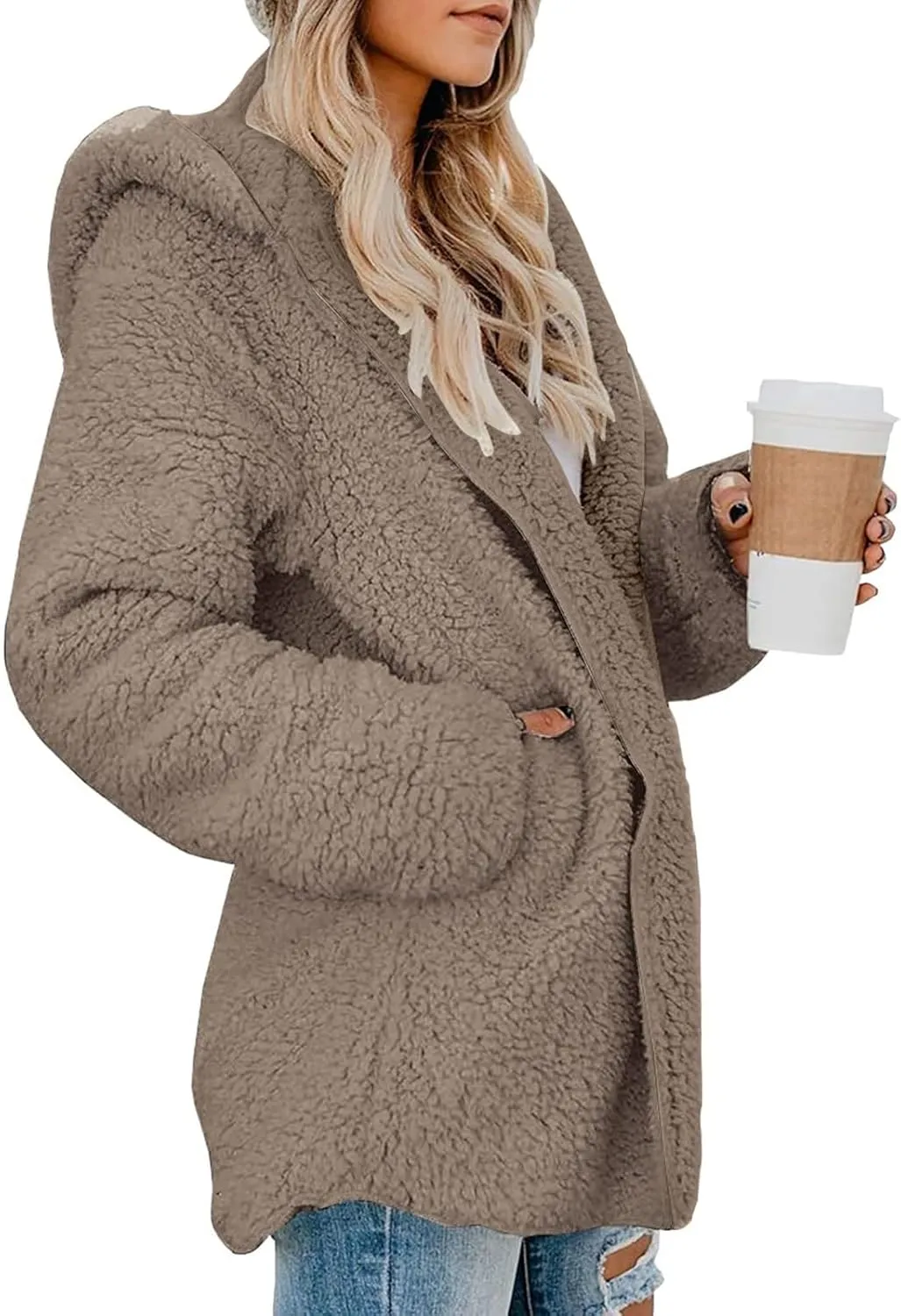 Sherpa Jacket Women Oversized Fleece Lined Jacket Faux Fur Winter Coat Zip up Fuzzy Hoodie Warm Outerwear with Pocket