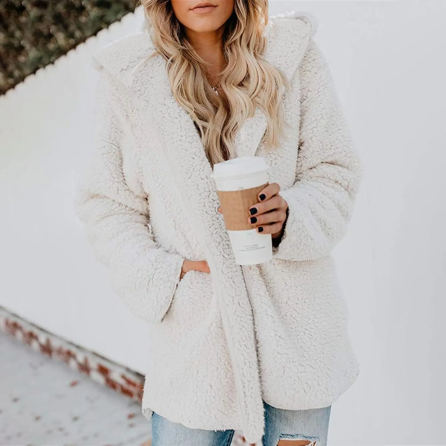 Sherpa Jacket Women Oversized Fleece Lined Jacket Faux Fur Winter Coat Zip up Fuzzy Hoodie Warm Outerwear with Pocket