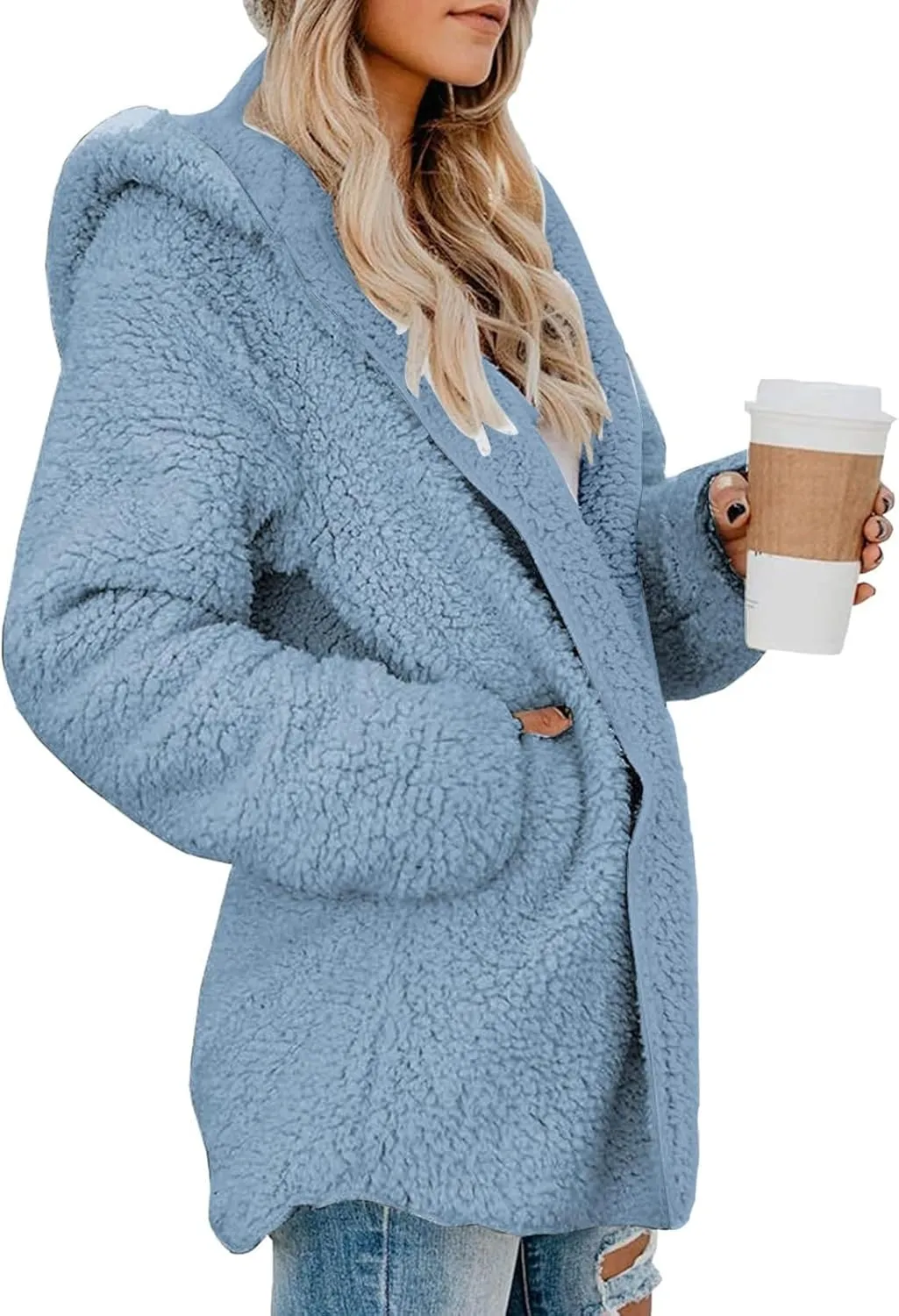 Sherpa Jacket Women Oversized Fleece Lined Jacket Faux Fur Winter Coat Zip up Fuzzy Hoodie Warm Outerwear with Pocket