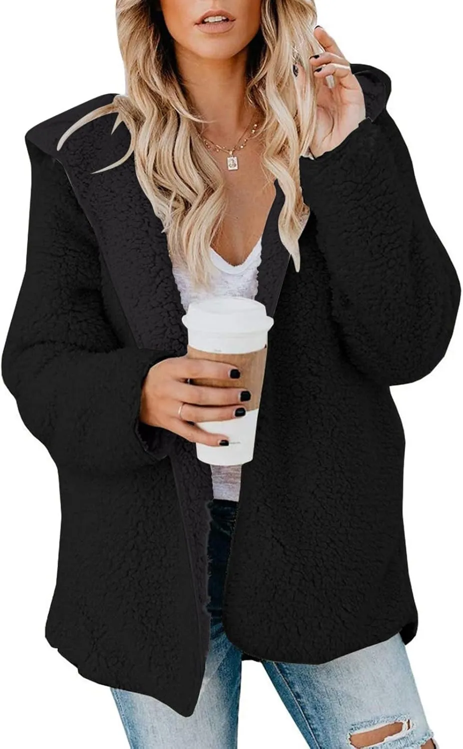 Sherpa Jacket Women Oversized Fleece Lined Jacket Faux Fur Winter Coat Zip up Fuzzy Hoodie Warm Outerwear with Pocket