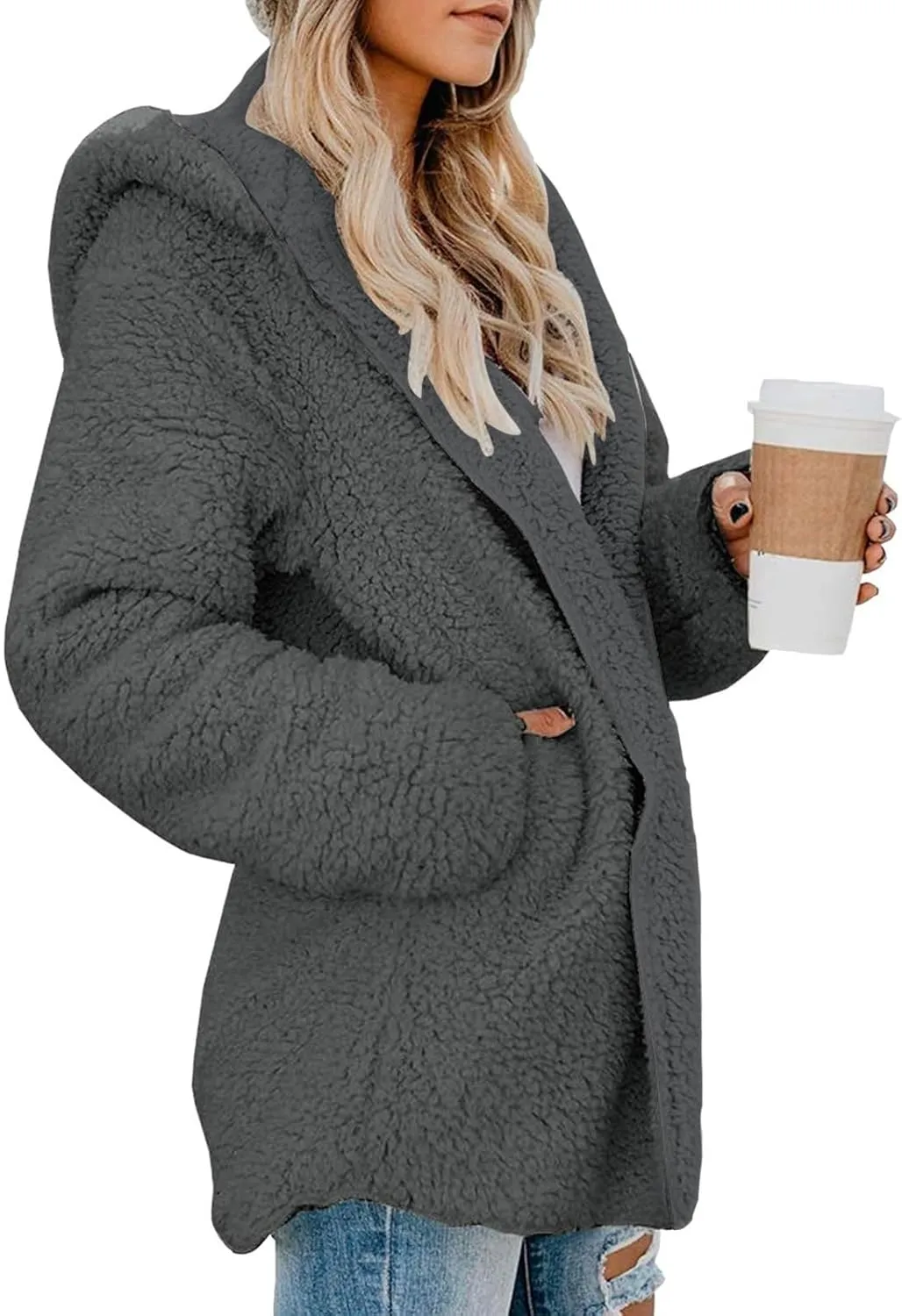 Sherpa Jacket Women Oversized Fleece Lined Jacket Faux Fur Winter Coat Zip up Fuzzy Hoodie Warm Outerwear with Pocket