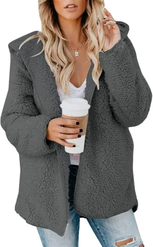 Sherpa Jacket Women Oversized Fleece Lined Jacket Faux Fur Winter Coat Zip up Fuzzy Hoodie Warm Outerwear with Pocket