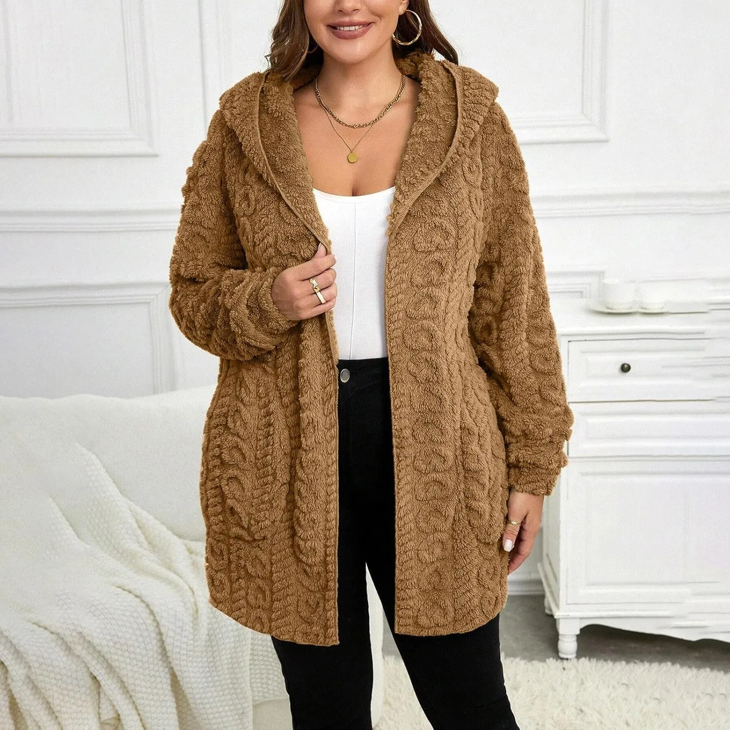 Sherpa Jacket Women Teddy Bear Fleece Jacket Oversized Open Front Hooded Cardigan Fuzzy Sweater Coats with Pockets