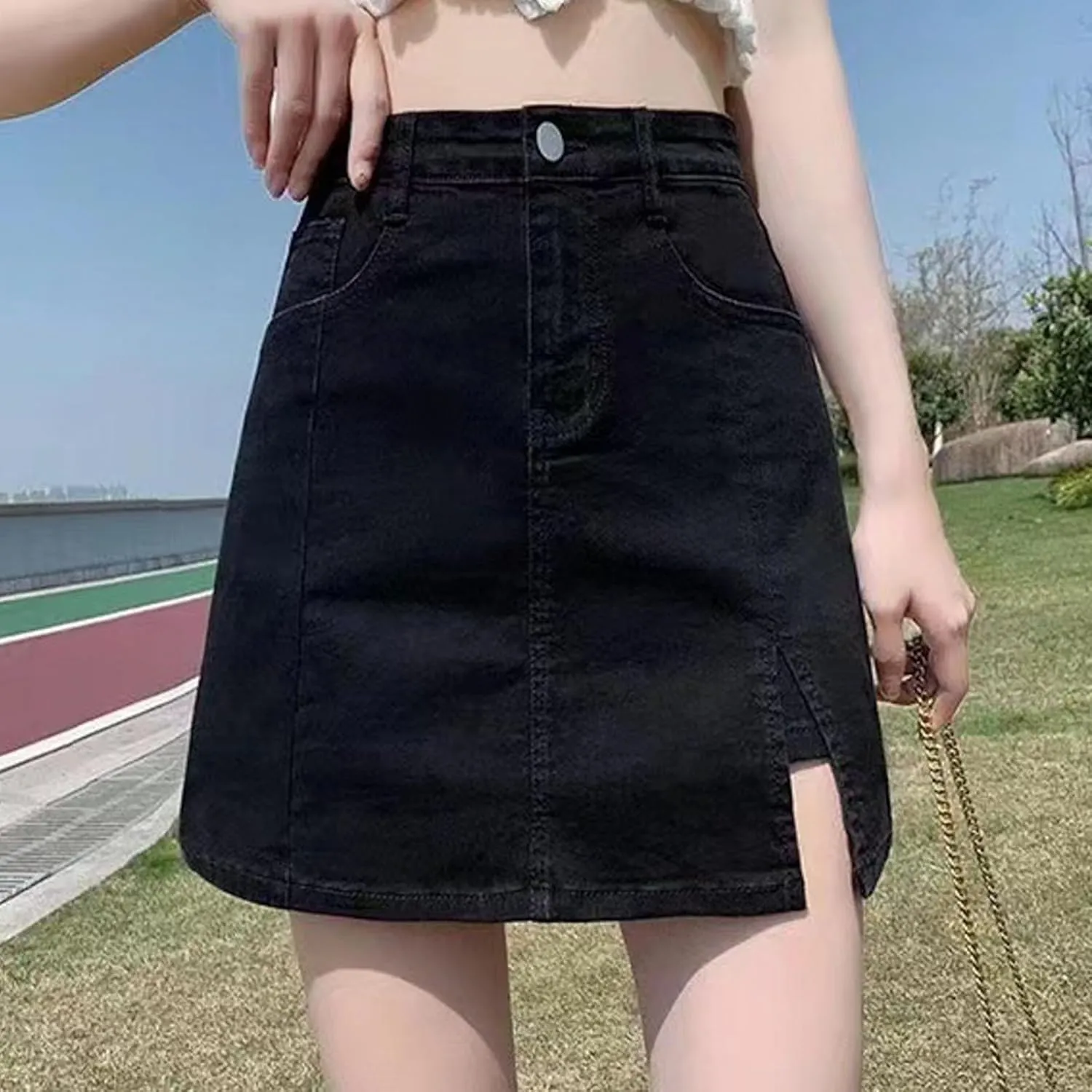 Skorts Skirts for Women Trendy Denim Casual Mini Skirt Side Slit High Waist Slim Fit Stretchy Teen Girls Jean Shorts