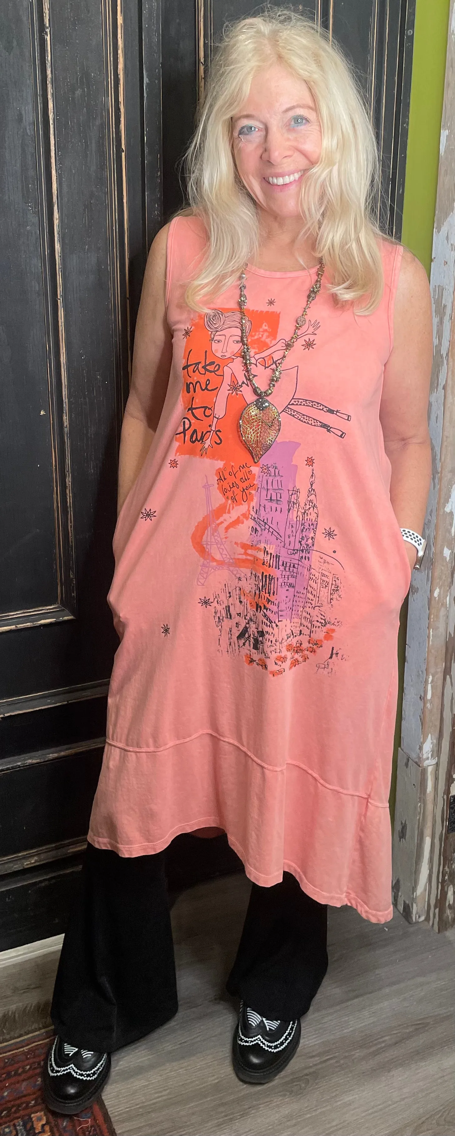 Sleeveless Hi-Low T-Shirt Dress in "In Love" Print by Doodles