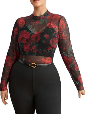 SOLY HUX Women's Plus Size Floral Print Mesh Sheer T Shirt Mock Neck Long Sleeve Tee Tops