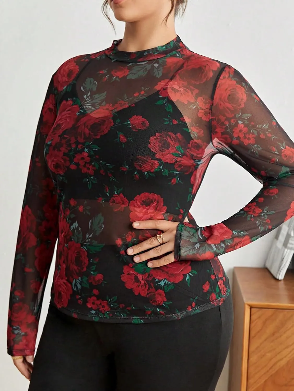 SOLY HUX Women's Plus Size Floral Print Mesh Sheer T Shirt Mock Neck Long Sleeve Tee Tops