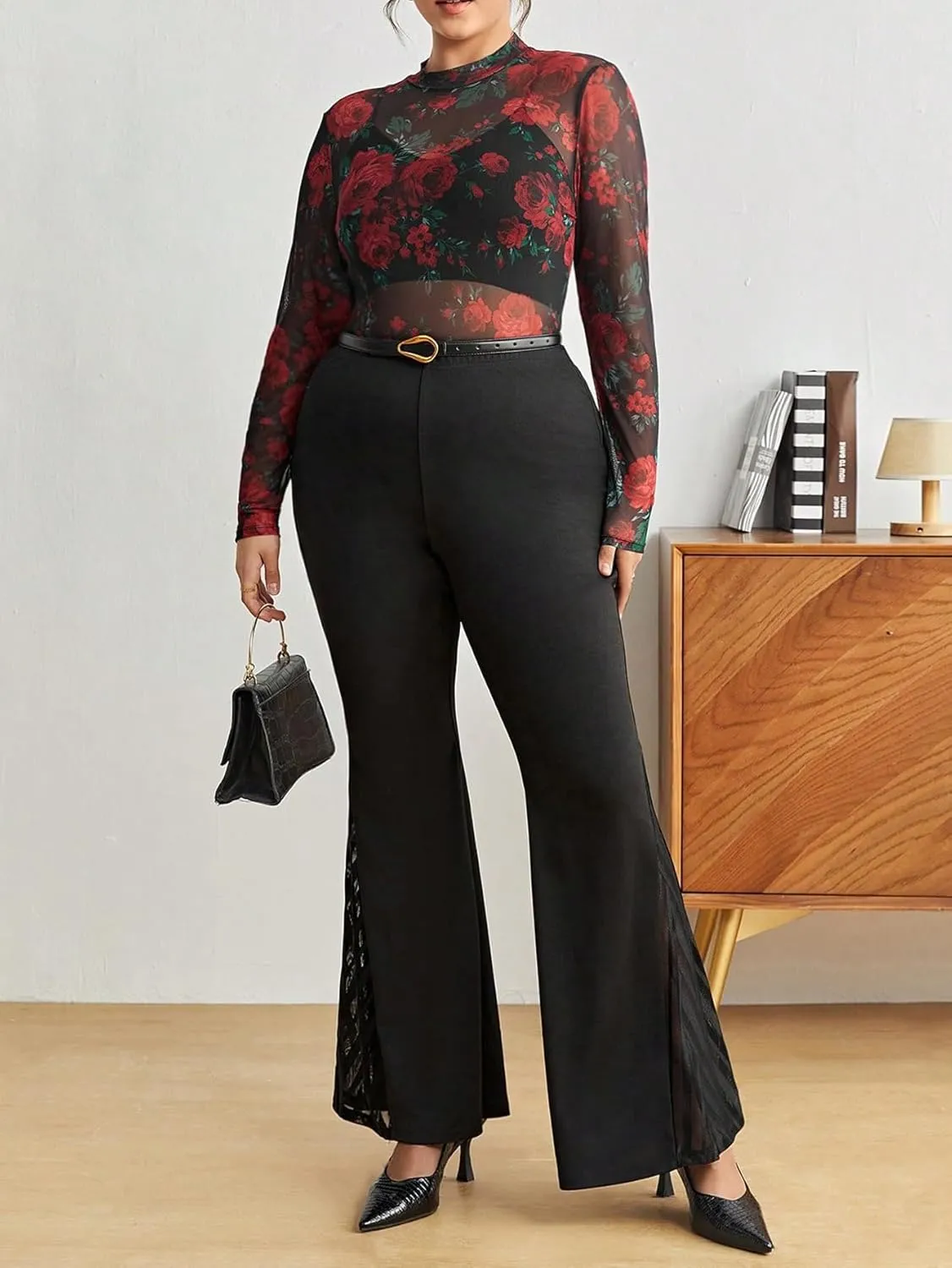 SOLY HUX Women's Plus Size Floral Print Mesh Sheer T Shirt Mock Neck Long Sleeve Tee Tops
