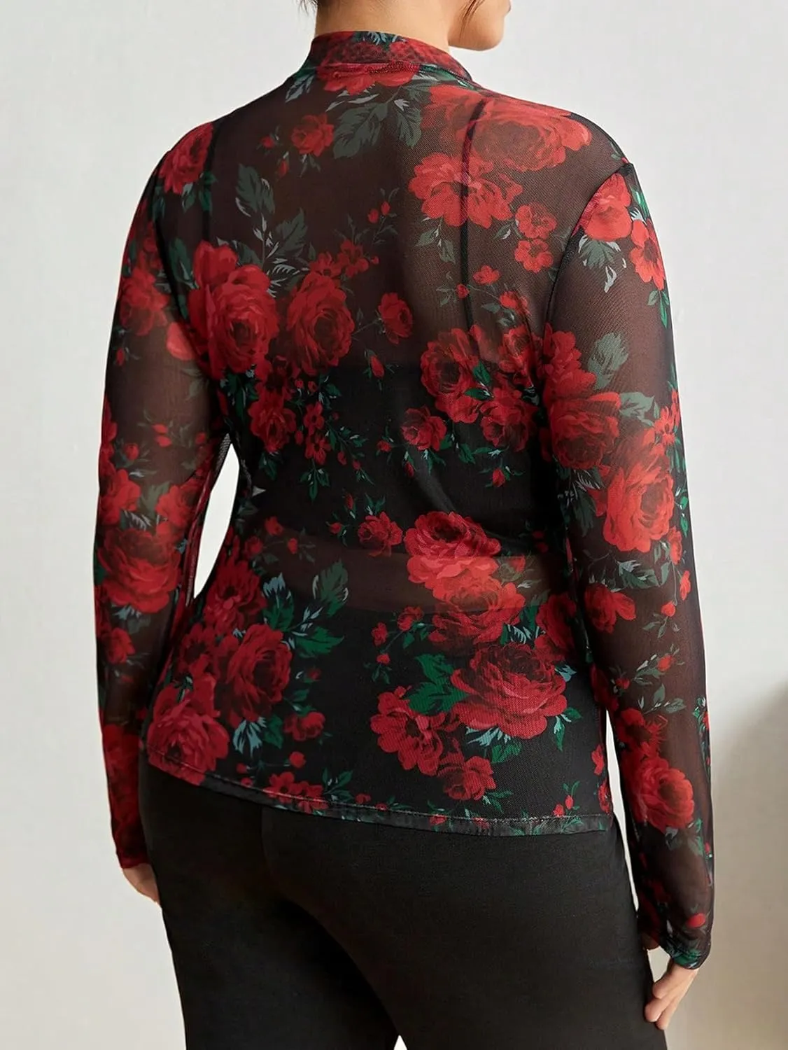 SOLY HUX Women's Plus Size Floral Print Mesh Sheer T Shirt Mock Neck Long Sleeve Tee Tops