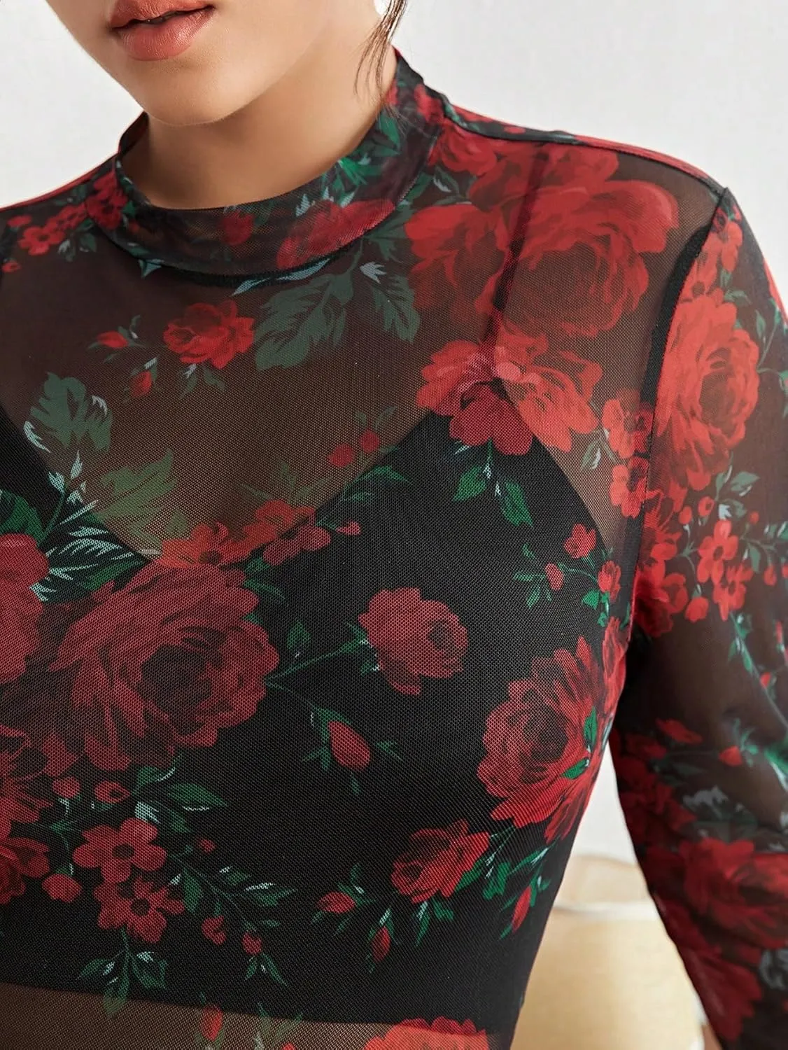 SOLY HUX Women's Plus Size Floral Print Mesh Sheer T Shirt Mock Neck Long Sleeve Tee Tops