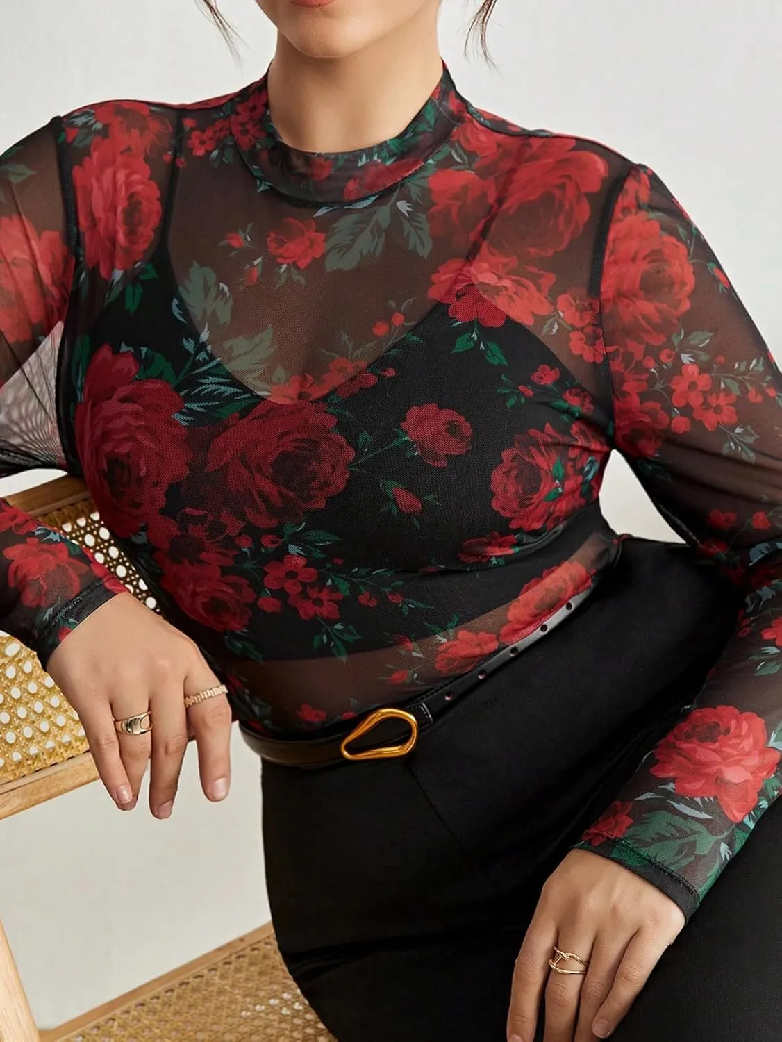 SOLY HUX Women's Plus Size Floral Print Mesh Sheer T Shirt Mock Neck Long Sleeve Tee Tops