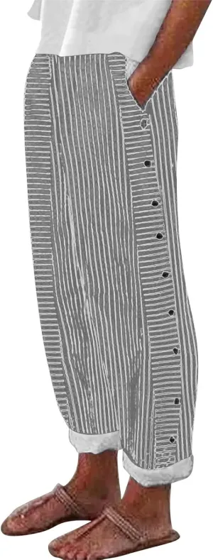 Striped Linen Pants for Women 2025, Trendy Spring Summer Casual Pants High Waist Straight Leg Trousers with Pockets