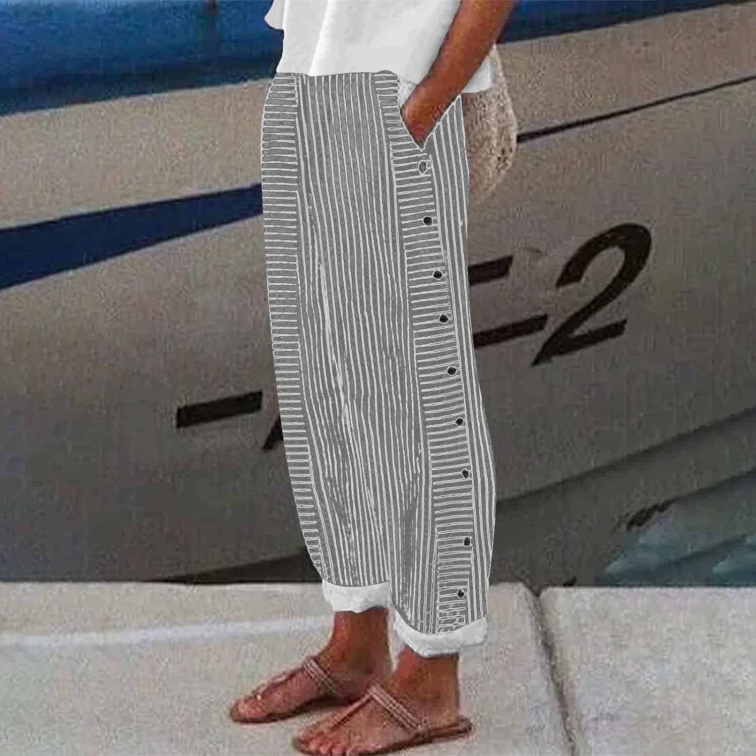 Striped Linen Pants for Women 2025, Trendy Spring Summer Casual Pants High Waist Straight Leg Trousers with Pockets