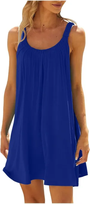 Summer Dresses for Women 2025 Trendy Casual Sleeveless Solid Color Sundress Loose Fit Pleated Beach Mini Tank Dress