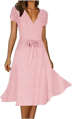 Summer Dresses for Women V-Neck Bandage Print Boho Maxi Dresses Casual Short Sleeve Flowy Swing Hawaiian Dresses