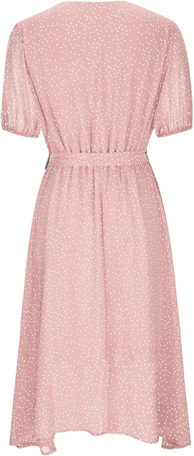 Summer Dresses for Women V-Neck Bandage Print Boho Maxi Dresses Casual Short Sleeve Flowy Swing Hawaiian Dresses