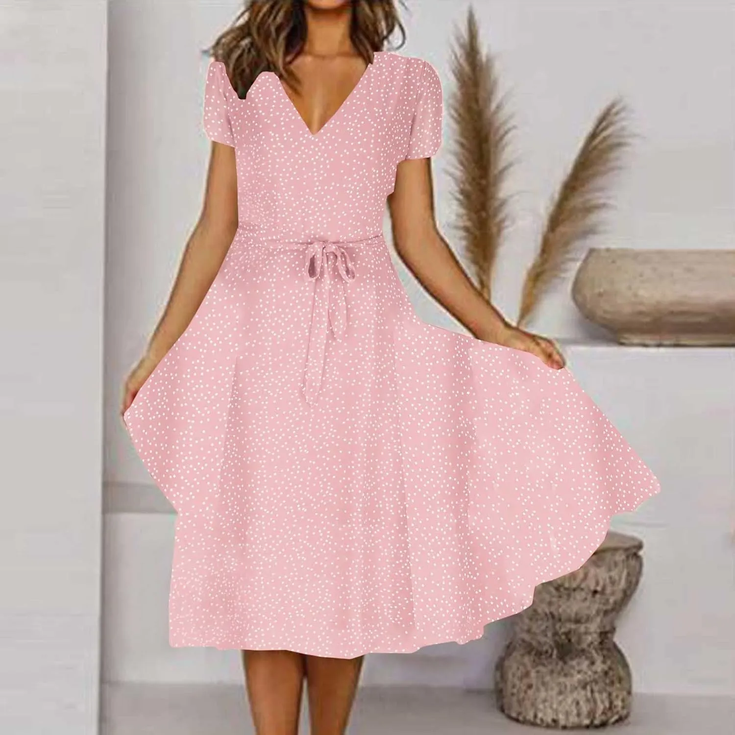 Summer Dresses for Women V-Neck Bandage Print Boho Maxi Dresses Casual Short Sleeve Flowy Swing Hawaiian Dresses