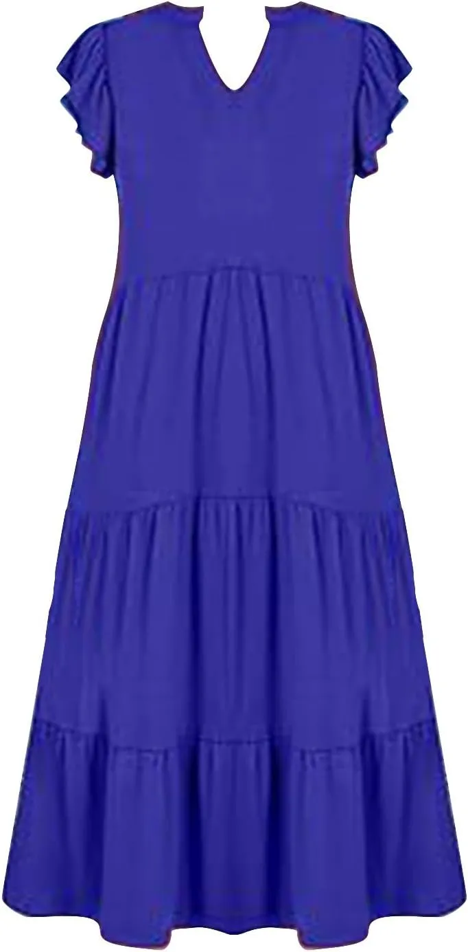 Sundresses for Women 2024 Flowy Cap Sleeve Tiered Ruffle Beach Dress Casual Summer Boho V Neck Midi Dress with Pocket