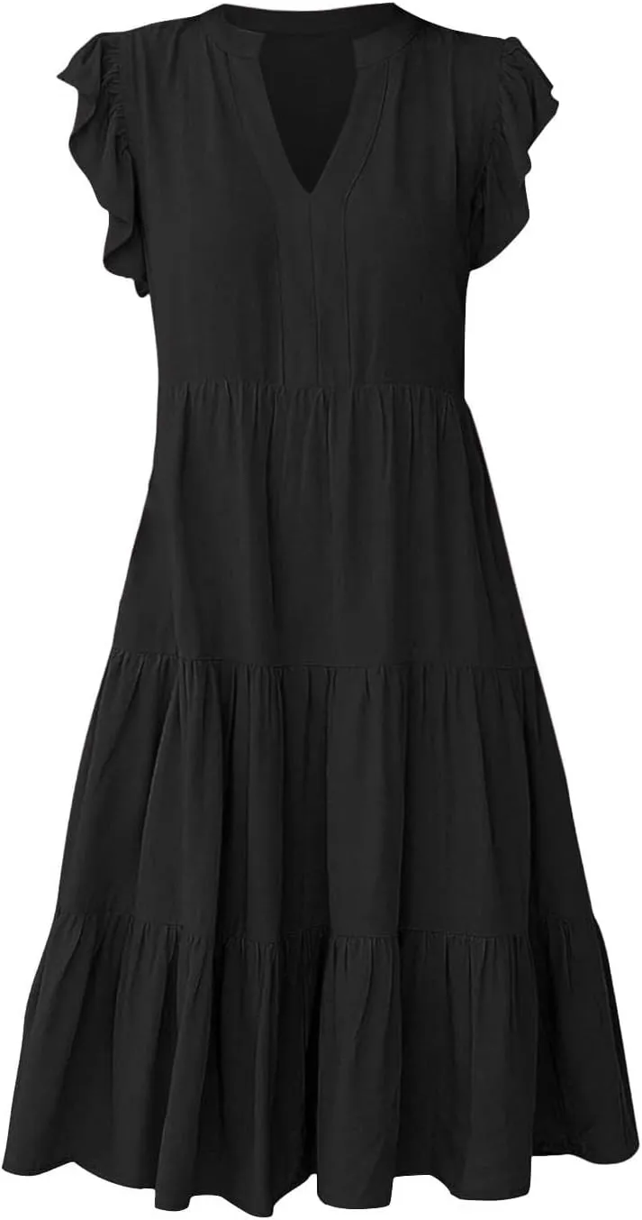 Sundresses for Women 2024 Flowy Cap Sleeve Tiered Ruffle Beach Dress Casual Summer Boho V Neck Midi Dress with Pocket