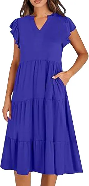 Sundresses for Women 2024 Flowy Cap Sleeve Tiered Ruffle Beach Dress Casual Summer Boho V Neck Midi Dress with Pocket