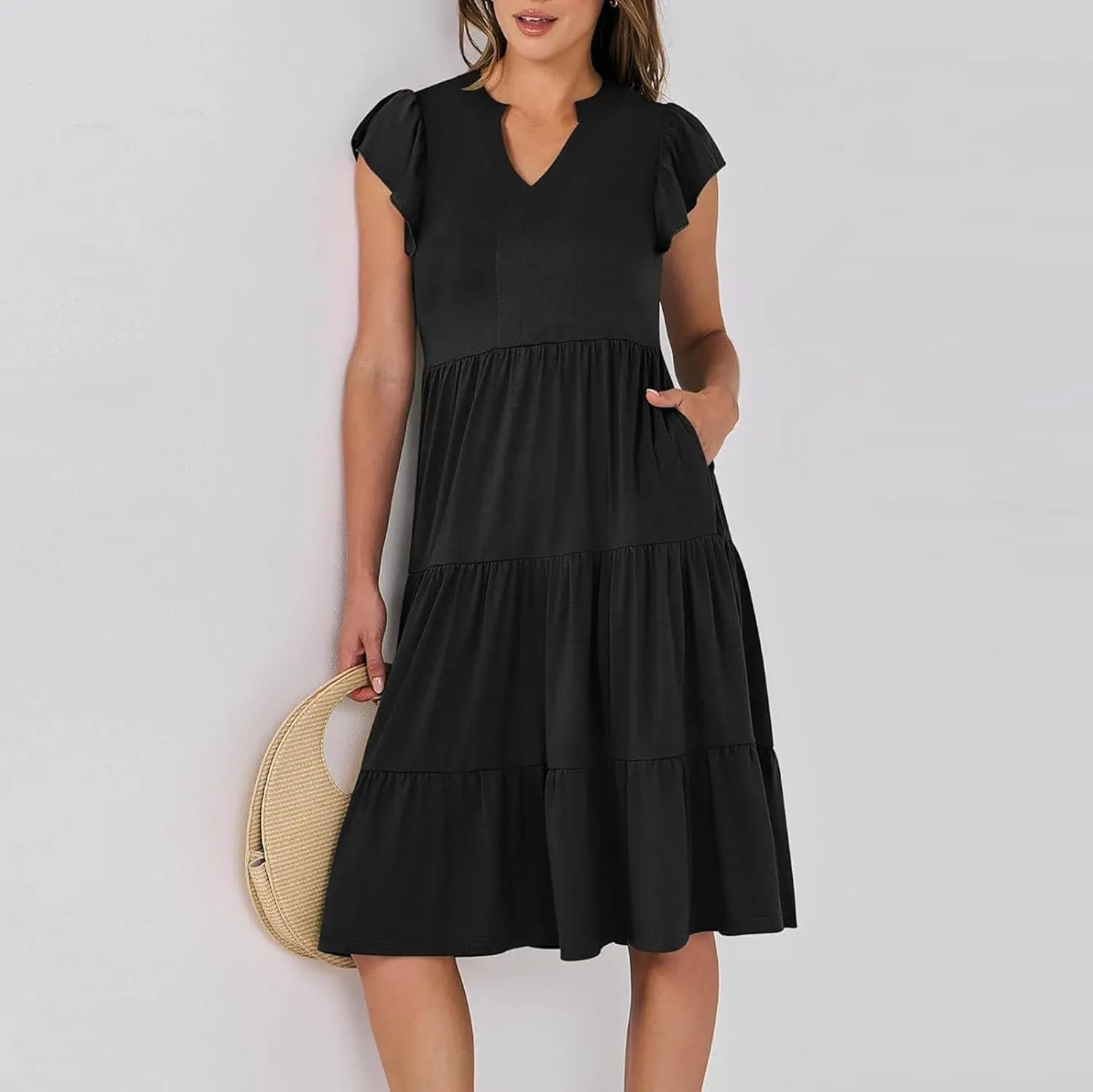 Sundresses for Women 2024 Flowy Cap Sleeve Tiered Ruffle Beach Dress Casual Summer Boho V Neck Midi Dress with Pocket