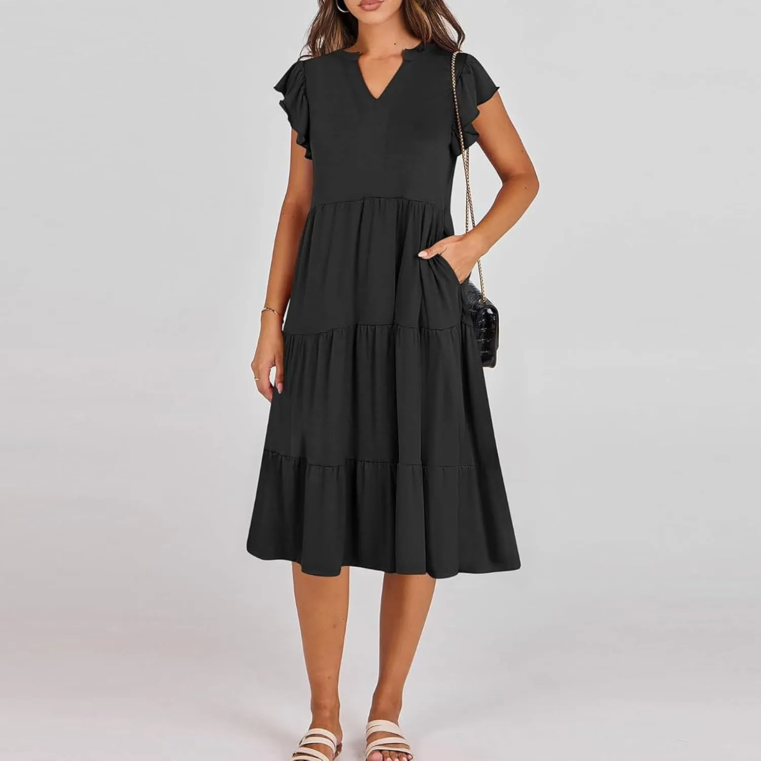 Sundresses for Women 2024 Flowy Cap Sleeve Tiered Ruffle Beach Dress Casual Summer Boho V Neck Midi Dress with Pocket