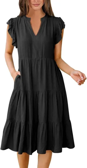 Sundresses for Women 2024 Flowy Cap Sleeve Tiered Ruffle Beach Dress Casual Summer Boho V Neck Midi Dress with Pocket