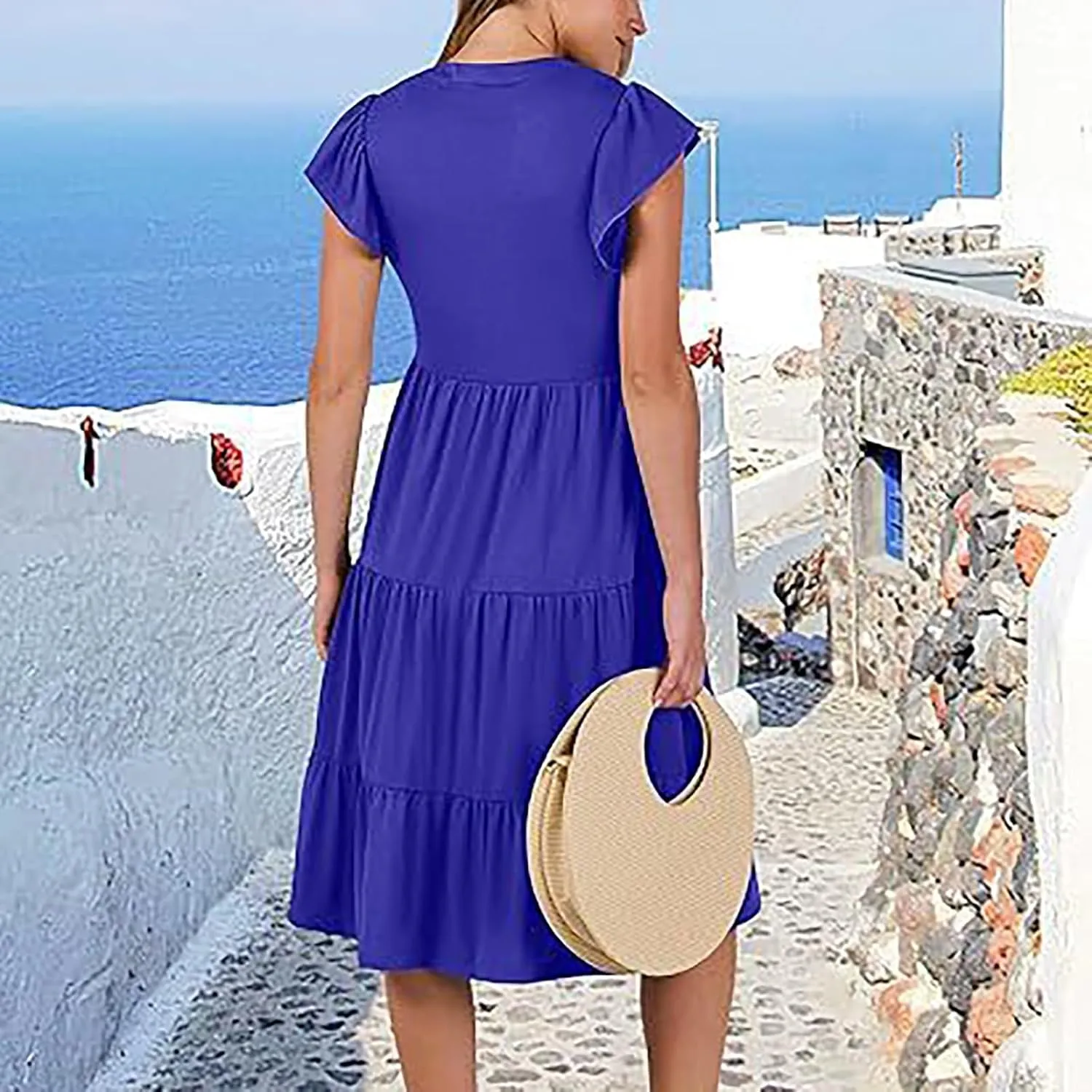 Sundresses for Women 2024 Flowy Cap Sleeve Tiered Ruffle Beach Dress Casual Summer Boho V Neck Midi Dress with Pocket