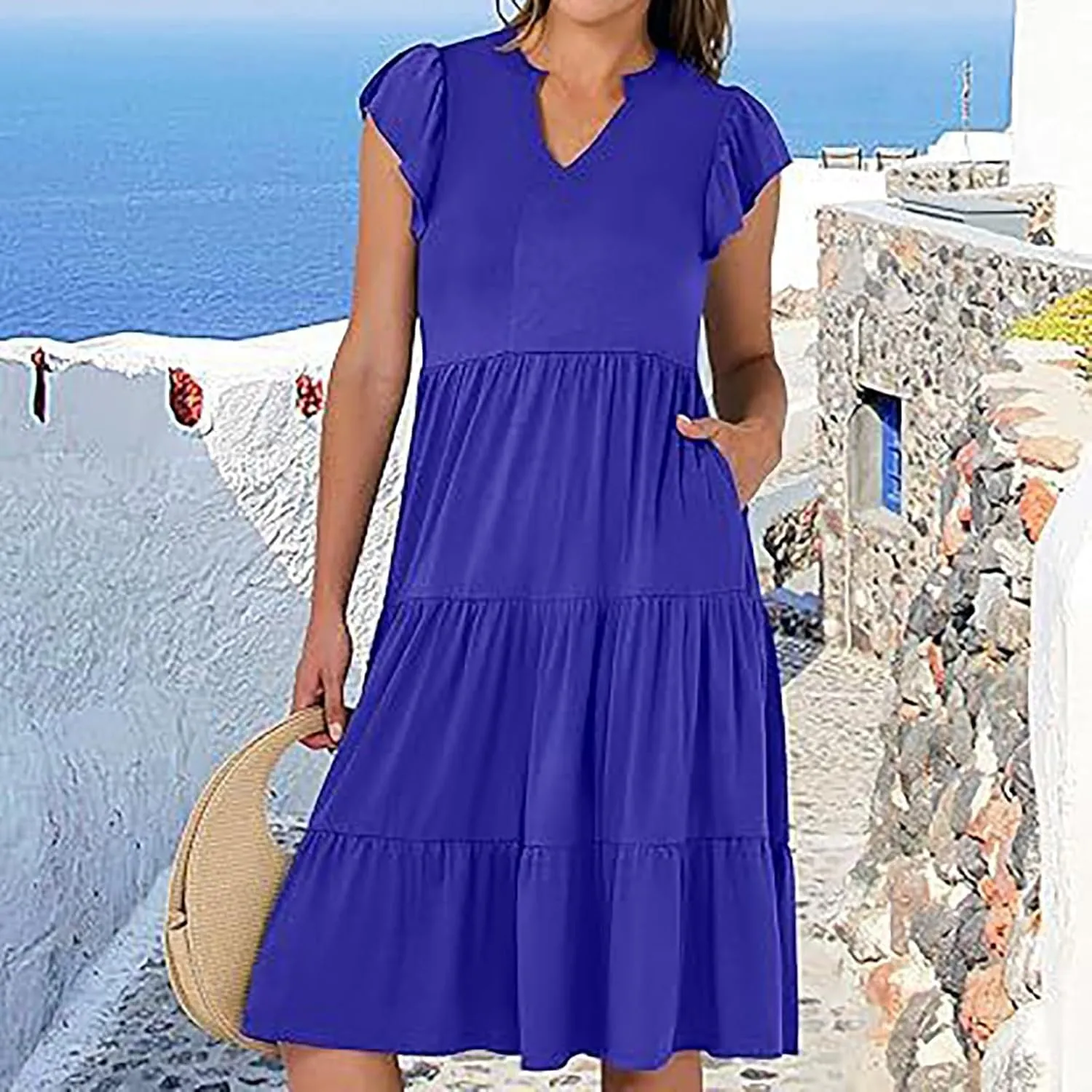 Sundresses for Women 2024 Flowy Cap Sleeve Tiered Ruffle Beach Dress Casual Summer Boho V Neck Midi Dress with Pocket