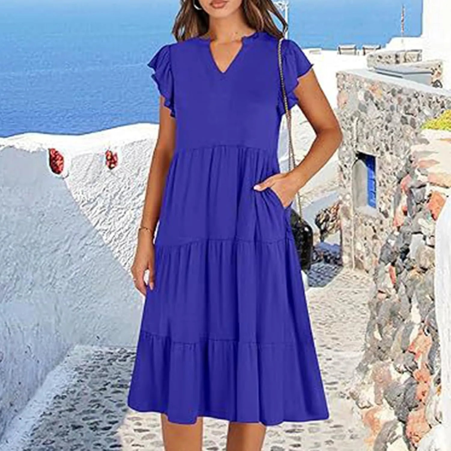Sundresses for Women 2024 Flowy Cap Sleeve Tiered Ruffle Beach Dress Casual Summer Boho V Neck Midi Dress with Pocket