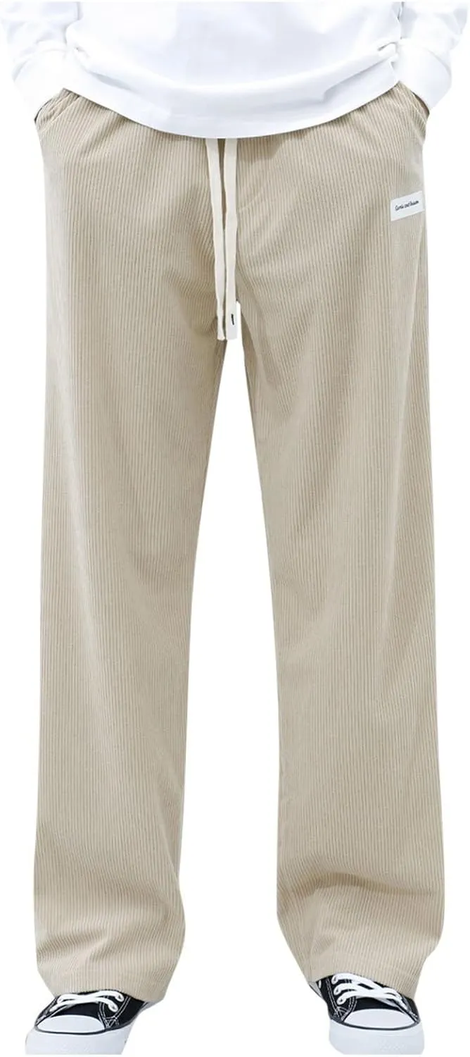 SUWBMHWE Corduroy Pants for Men Corduroy Baggy Wide Leg Joggers Pants Casual Cargo Pants Elastic Waist Sweatpants