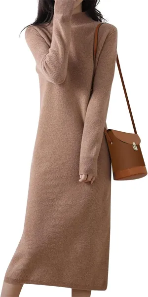 Sweater Dress for Women Trendy Half High Collar Knitted Dress Casual Fall Winter Long Sleeve Elegant Midi Dress