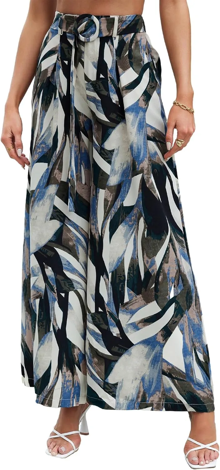 SweatyRocks Women's High Elastic Waist Pockets Pants Floral Print Belted Wide Leg Loose Palazzo Pants Trousers