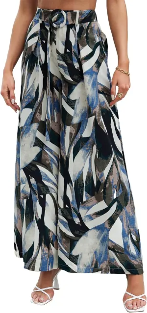 SweatyRocks Women's High Elastic Waist Pockets Pants Floral Print Belted Wide Leg Loose Palazzo Pants Trousers