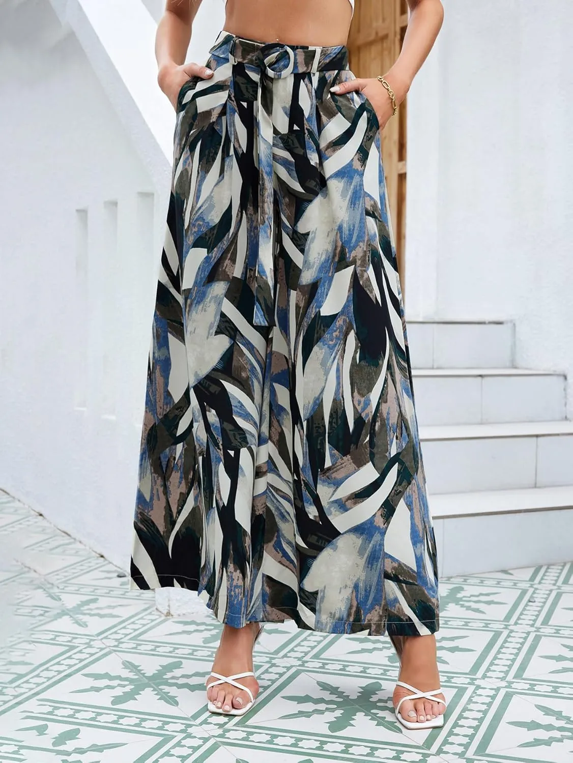 SweatyRocks Women's High Elastic Waist Pockets Pants Floral Print Belted Wide Leg Loose Palazzo Pants Trousers