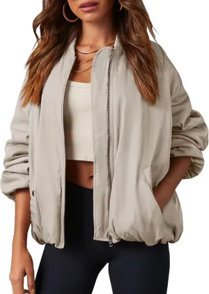 Tankaneo Womens Zip Up Bomber Jacket Oversized Fashion Casual Fully Lined Winter Coats With Pockets