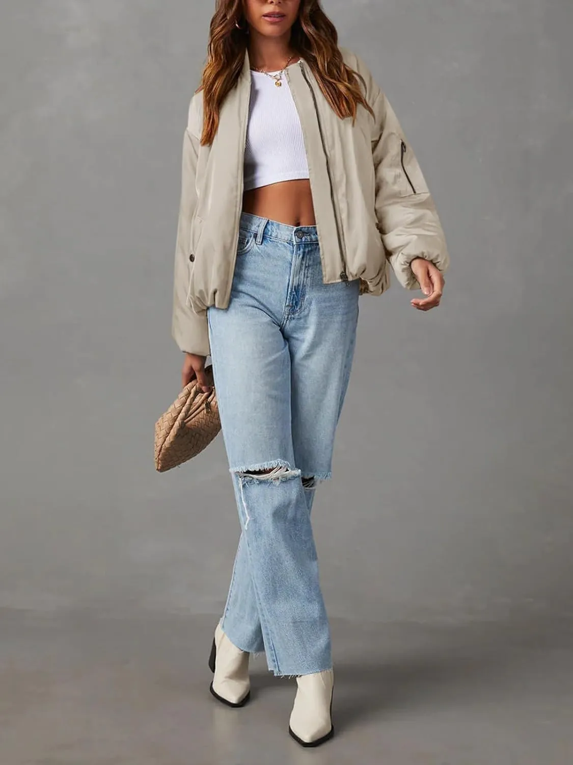 Tankaneo Womens Zip Up Bomber Jacket Oversized Fashion Casual Fully Lined Winter Coats With Pockets