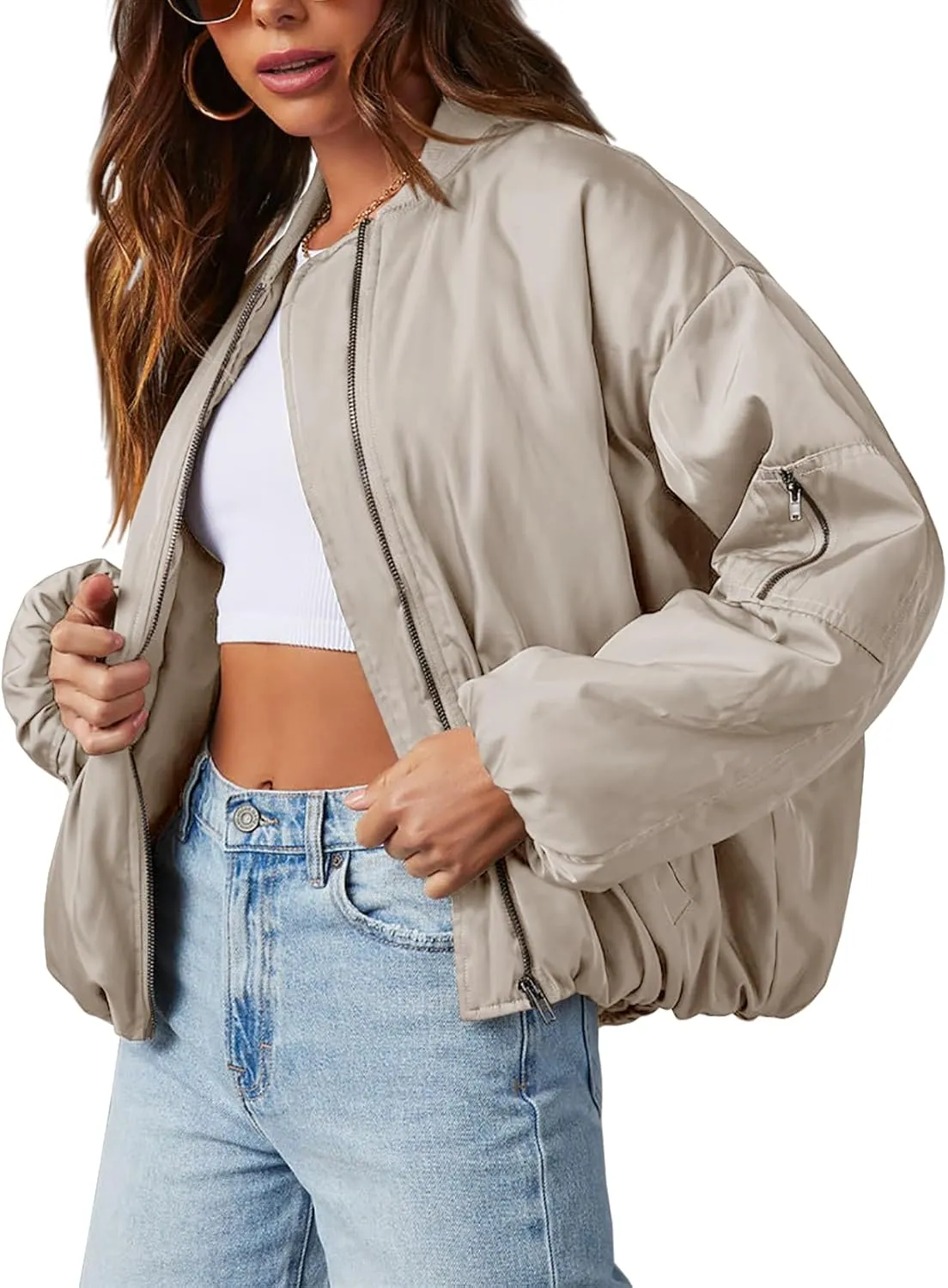 Tankaneo Womens Zip Up Bomber Jacket Oversized Fashion Casual Fully Lined Winter Coats With Pockets