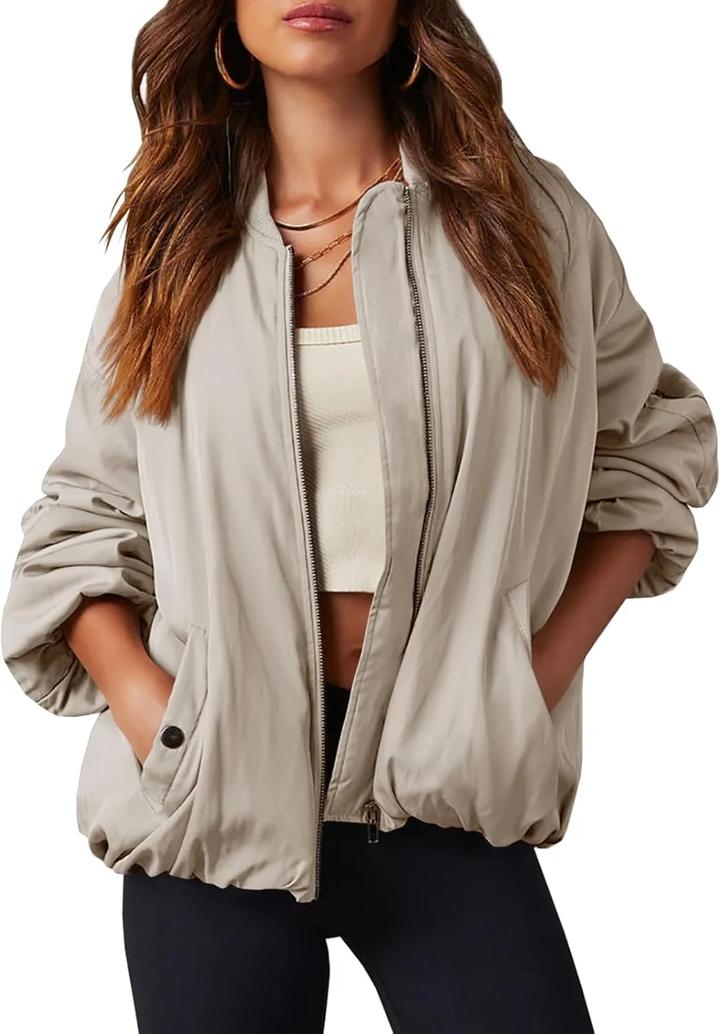 Tankaneo Womens Zip Up Bomber Jacket Oversized Fashion Casual Fully Lined Winter Coats With Pockets
