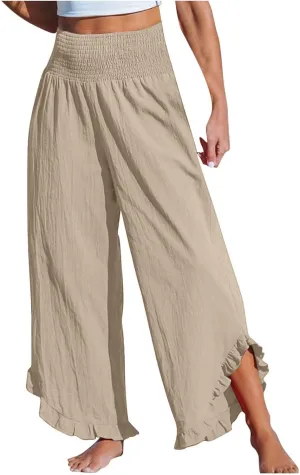 Today Deals Prime Womens Flowy Pants Spring Sale 2025 2025 Women Linen Palazzo Pants Wide Leg High Waist Lounge Summer Casual Boho Trousers Travel Vacation Outfits 2Beige Small