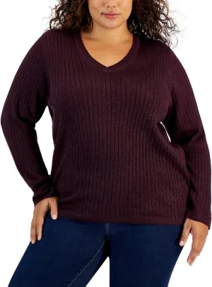 Tommy Hilfiger Womens Ribbed Metallic Threaded Pullover Sweater