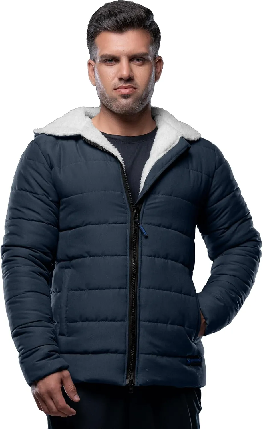 URBAN BUCK Mens Puffer Jacket Midweight Sherpa Lined Winter Recycled Down Wilfred Blue Windproof and Water Repellent Men Hiking Coat (S)